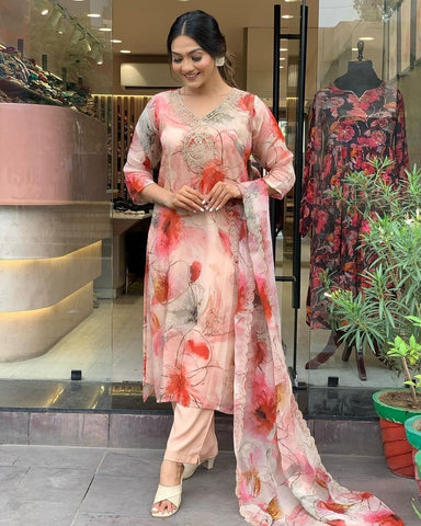 Women V Neck Peach Suit Set