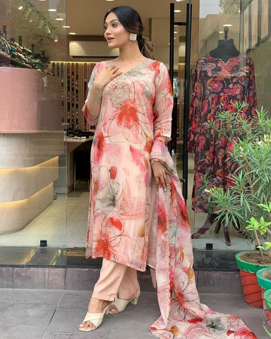 Women V Neck Peach Suit Set
