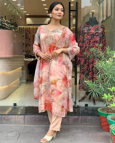 Women V Neck Peach Suit Set