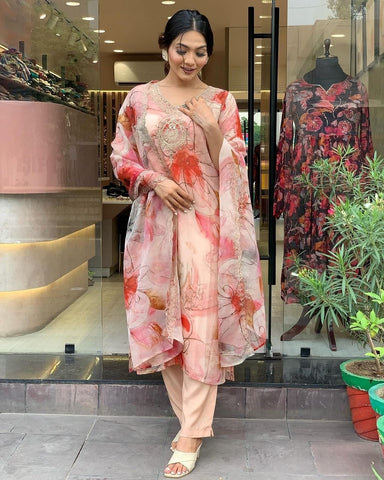 Women V Neck Peach Suit Set