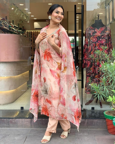 Women V Neck Peach Suit Set